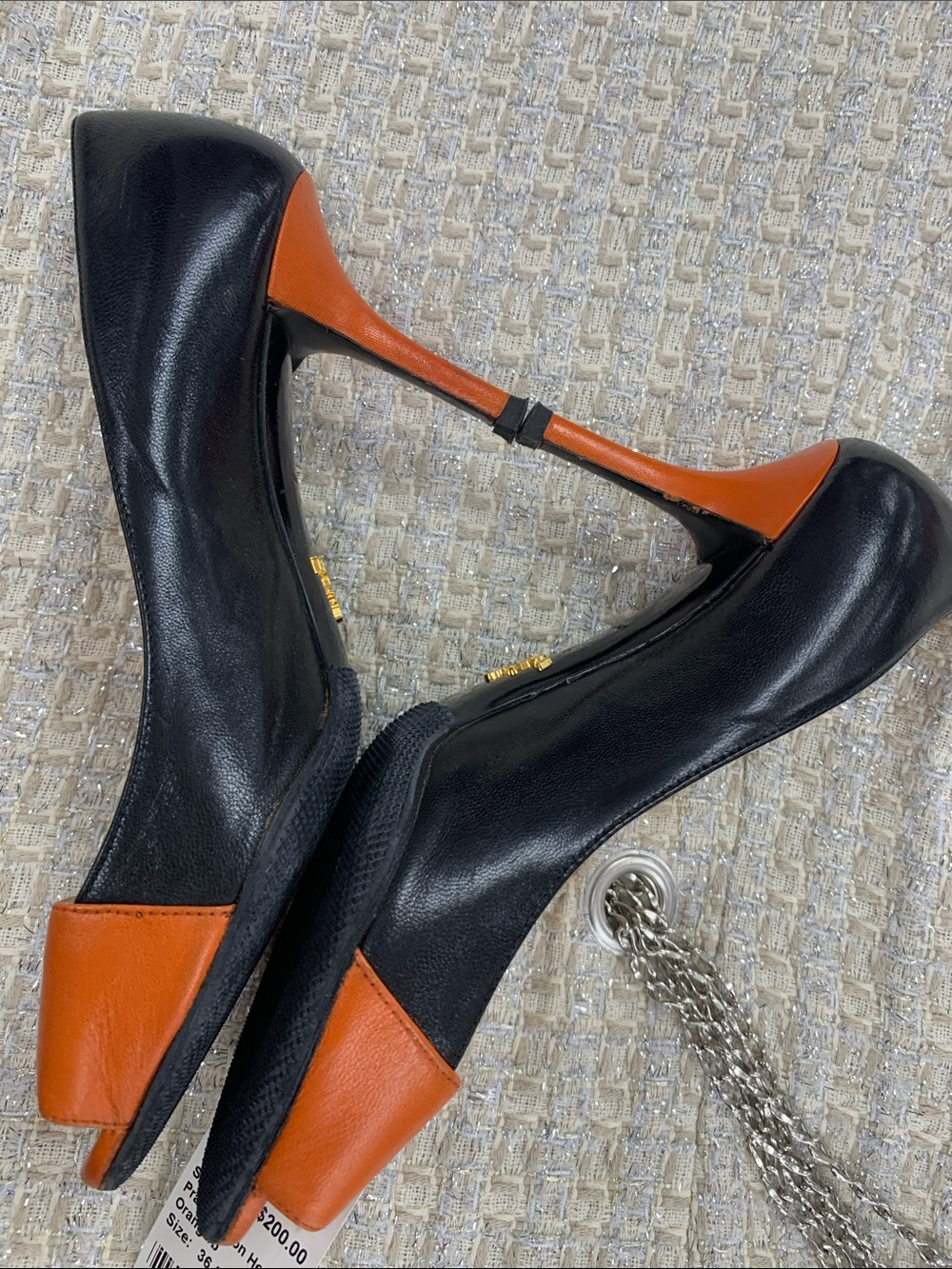 Prada Black Leather Pumps with Orange Trim and Silver Buckle - Picture 3 of 9